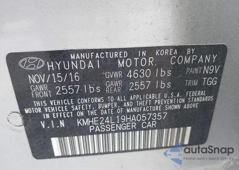 2017 Hyundai Sonata Hybrid Se z USA, uszkodzony, nr VIN KMHE24L19HA057357